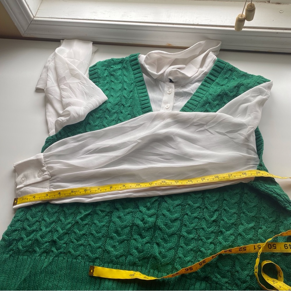 Christian Siriano White Collared Blouse Green Cable Knit Sweater Vest Preppy - Picture 10 of 13